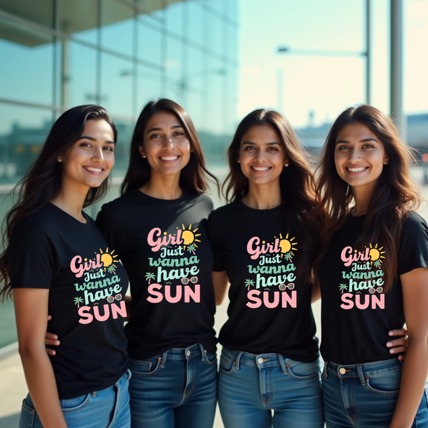 Girl Just Wanna Have Sun Printed Group T-Shirts - Black for Girls